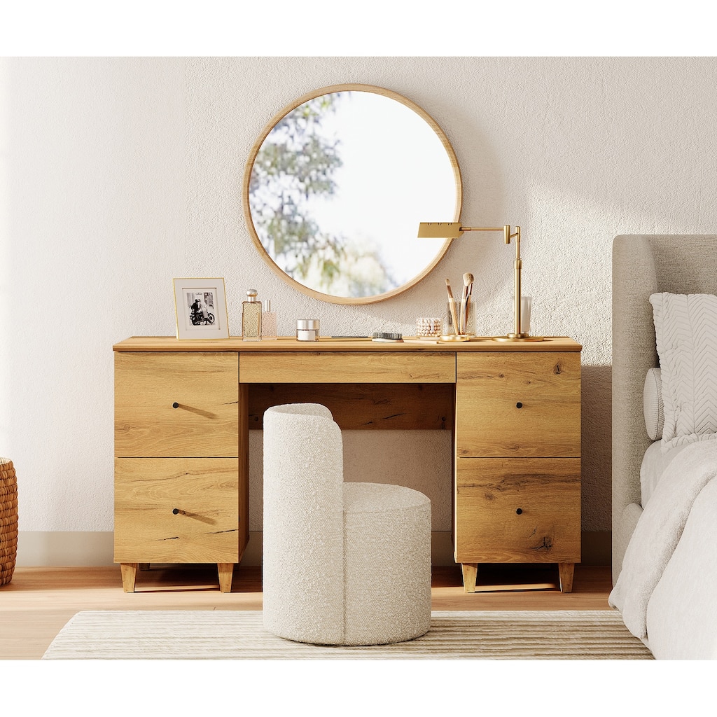 58" Wooden Vanity Desk with 4 Deep Storage Drawers and Charging Station for Bedroom