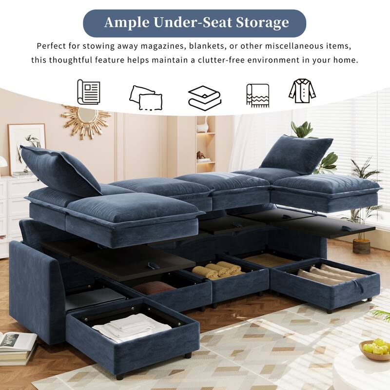 U-shape Modular Storage Sofa Bed Convertible Sleeper Couch with Pillow - Dark Blue