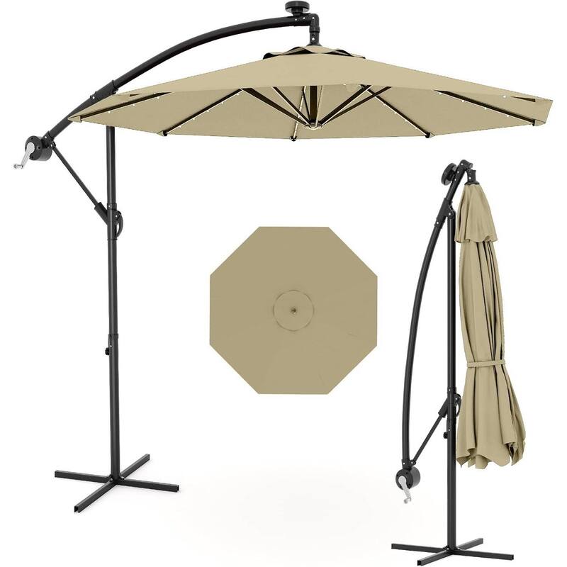 10FT Patio Outdoor Offset Umbrella with Lights for Deck Poolside Lawn Backyard - Beige