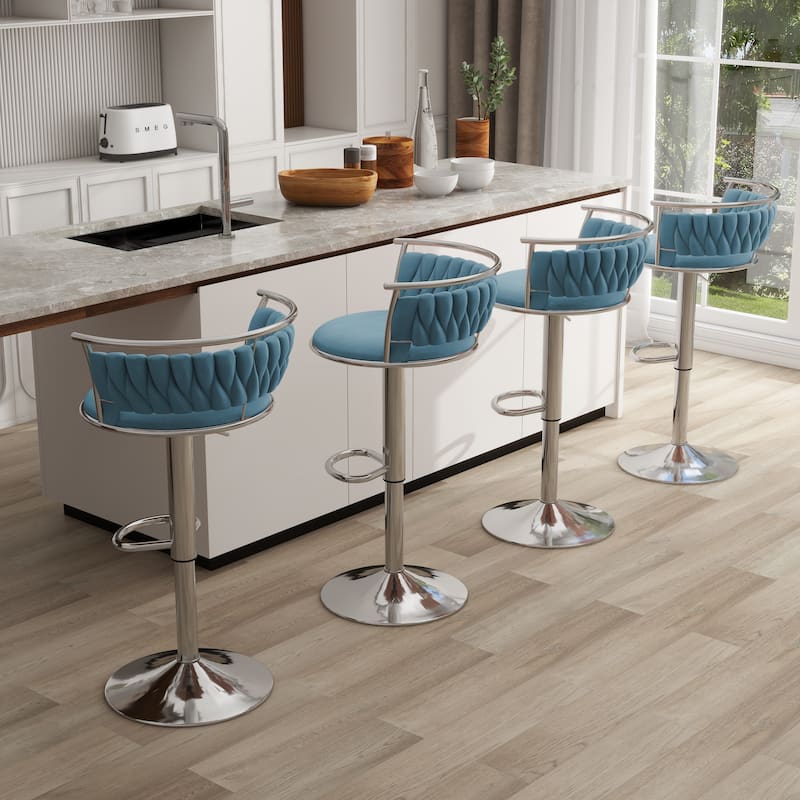 4 Set Modern Velvet Adjustable Swivel Bar Stools with Metal Frame - Silver/Blue
