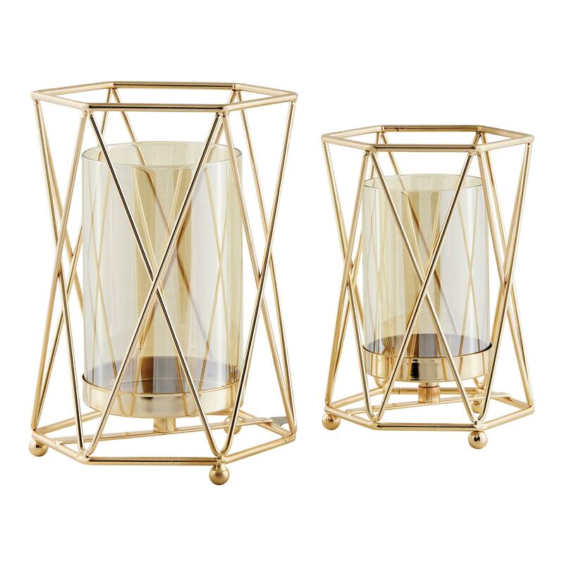 Danya B. Prism Warm Gold Hurricane Candle Holders - Set of 2