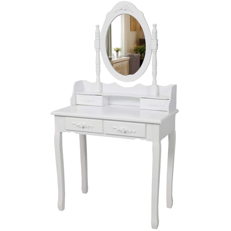 White Princess Vanity Set with Mirror & Cushioned Stool, 4-Drawer Makeup Dressing Table