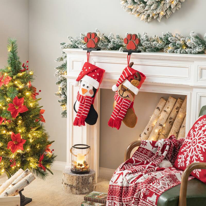 Glitzhome Christmas Wooden/Metal LED Snowman Paw Stocking Holders with Stockings Mantel Ornament