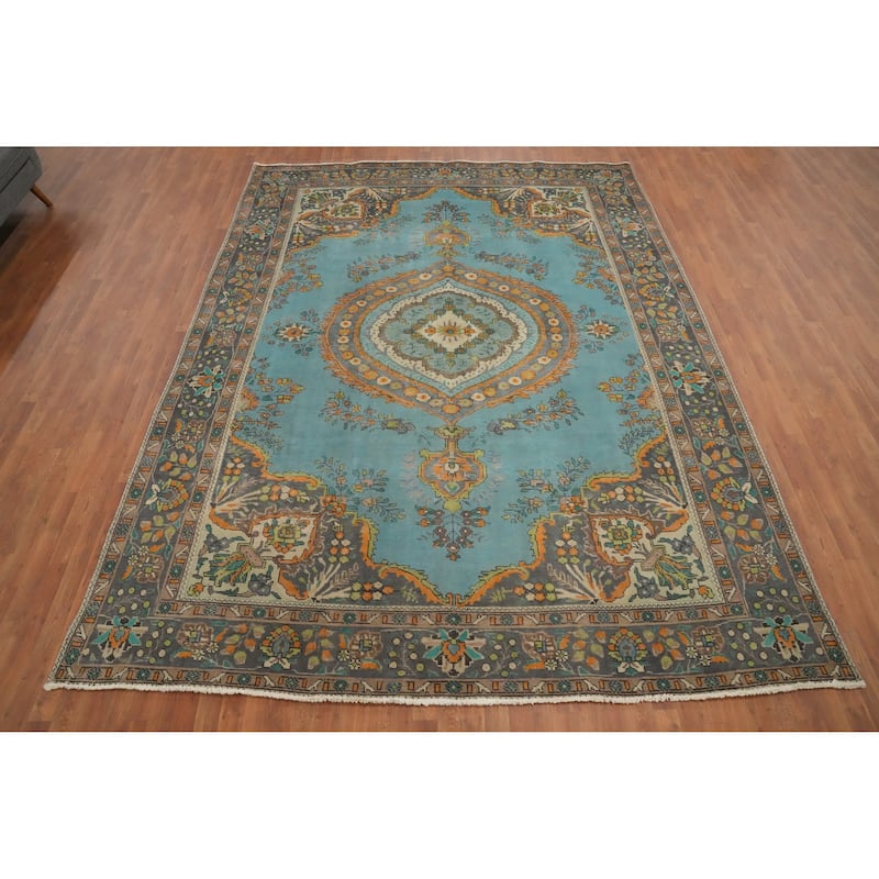 Hand Knotted Oriental 100% Wool Carpet Traditional Floral Navy Blue & Blues Tabriz Area Rug - 12' 3'' X 9' 4''