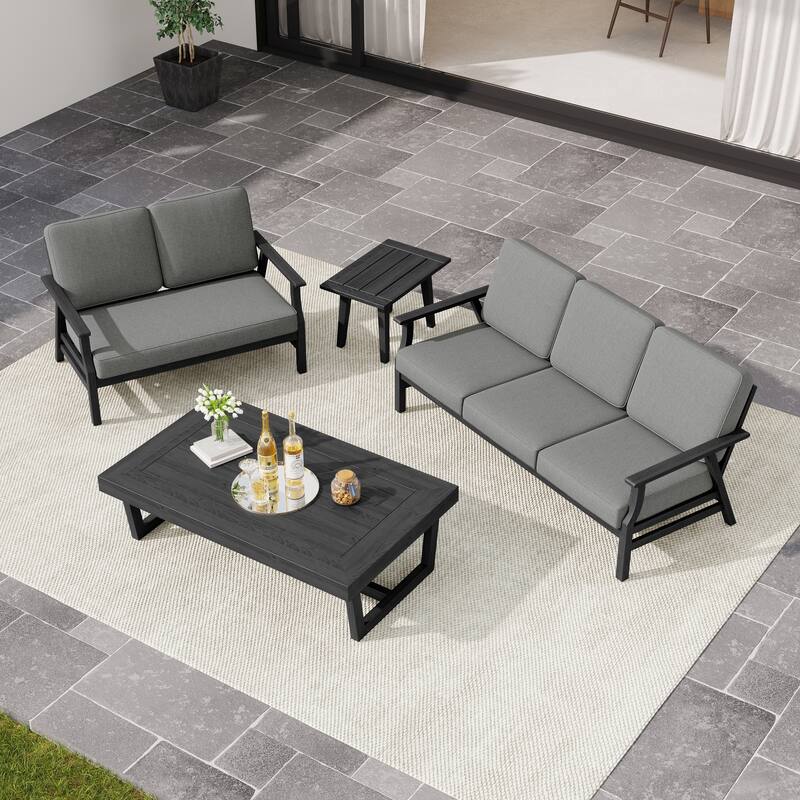 Arthur 4-Piece Teak Wood Patio Conversation Set - Grey - BlackFrame