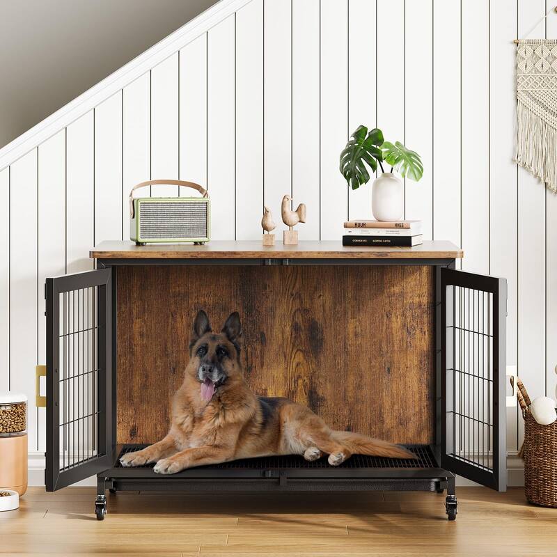 Wooden Dog Crate Furniture with Wheels, Pull-Out Tray, Dual Doors