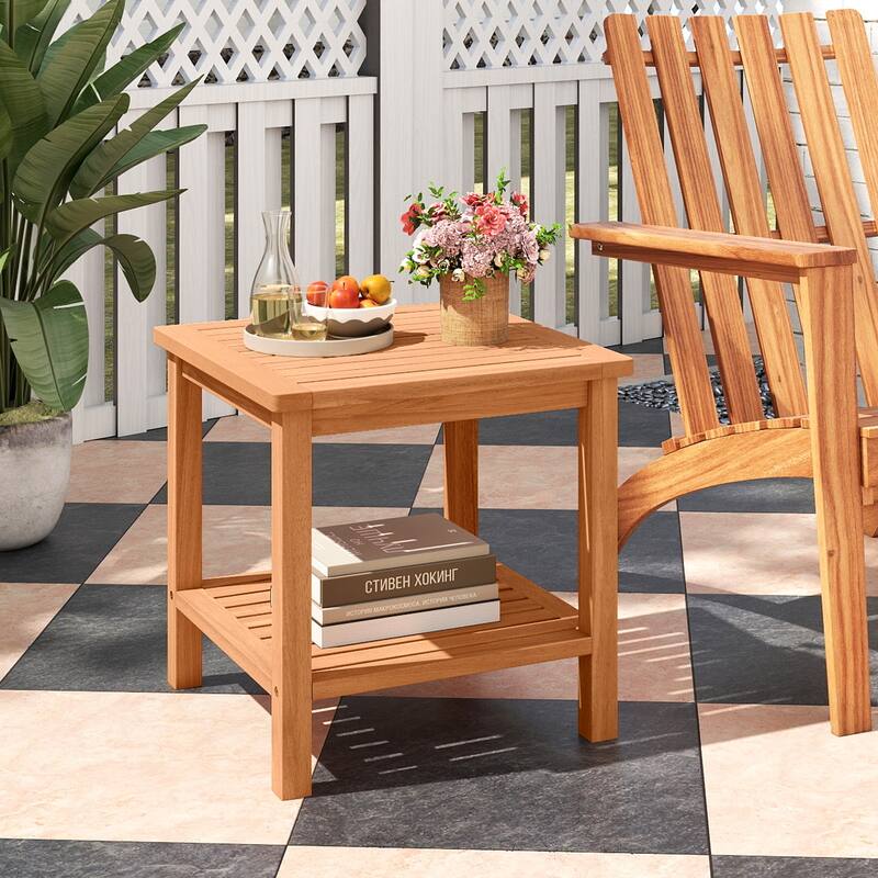 Gymax 2-Tier Patio Acacia Wood Side Table w/Slatted Tabletop Storage