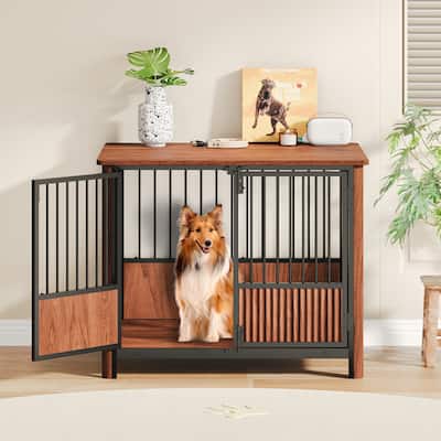 Premium Walnut Fluted Dog Crate - Stylish Double-Door Pet House with Functional End Table Design for Medium Breeds‌