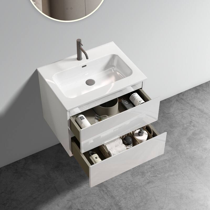 GDFStudio - Coralie Modern Floating Bathroom Vanity with Integrated Ceramic Sink and Soft-Close Storage