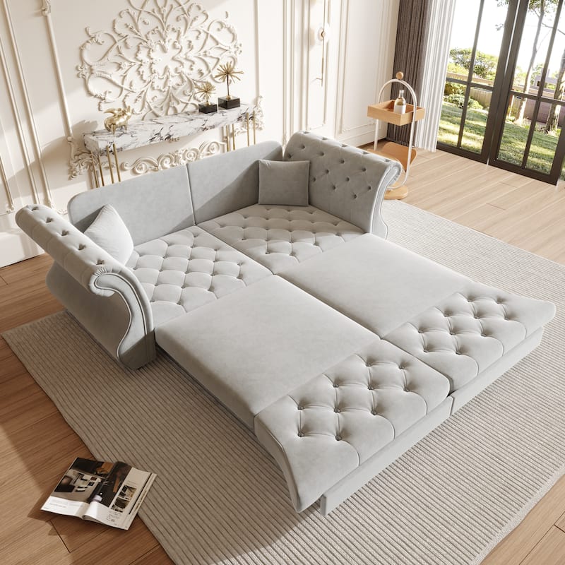 Chesterfield Pull Out Sofa Bed, Oversized 3-Seater/4-Seater Velvet Couch with Flared Arms, Convertible Sleeper Sofa