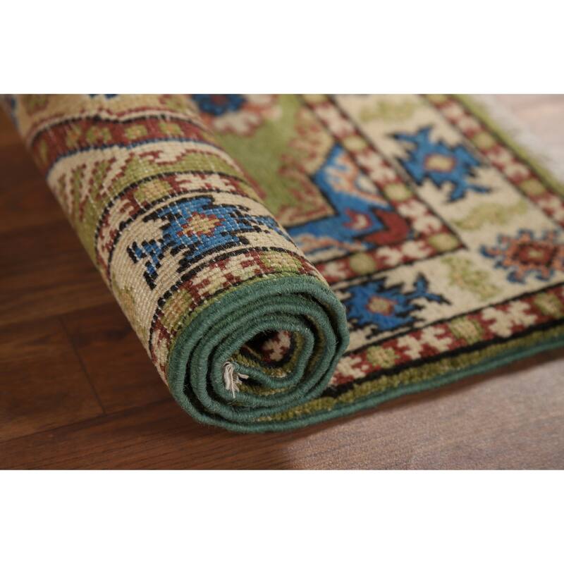 Hand Knotted Oriental 100% Wool Carpet Traditional Geometric Green Kazak Area Rug - 3' 1'' X 2' 0''