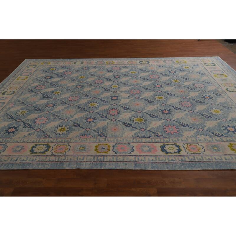 Hand Knotted Oriental 100% Wool Carpet Transitional All-Over Navy Blue & Blues Oushak Area Rug - 10' 10'' X 8' 2''