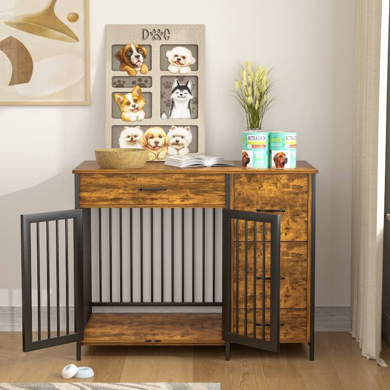 Javlergo Multi-Functional Dog Crate Furniture with Lockable Doors Food Storage 3 Drawers & Pull-Out Feeding Bowls for Dogs