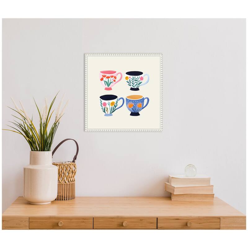 Kate and Laurel Sylvie Botanical Coffee Shop Tea Cups 4 Cups Framed Canvas by The Creative Bunch Studio