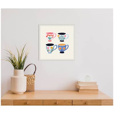 Kate and Laurel Sylvie Botanical Coffee Shop Tea Cups 4 Cups Framed Canvas by The Creative Bunch Studio