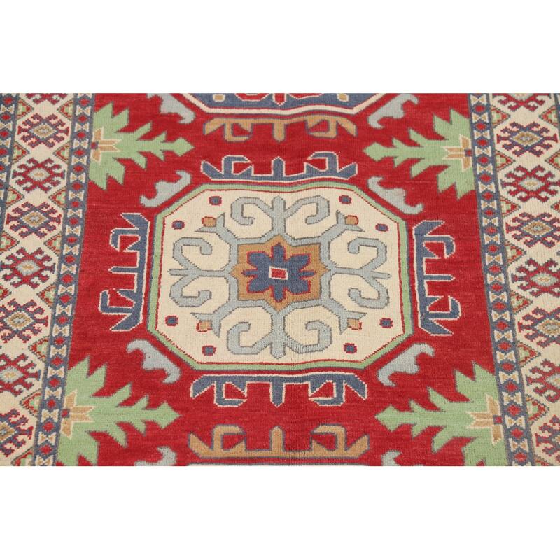 Geometric Red Kazak Oriental Runner Rug Hand-Knotted Wool Carpet - 3'4" x 6'7"