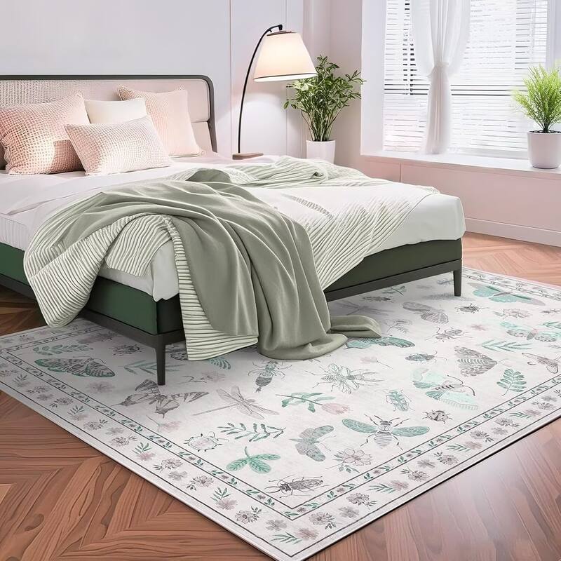 Floral Insect Print Washable Area Rugs for Living Room, Modern Non Slip Low Pile Area Rug