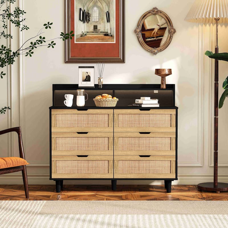 43.31"6-Drawers Rattan Storage Cabinet Rattan Drawer with LED Lights and Power Outlet
