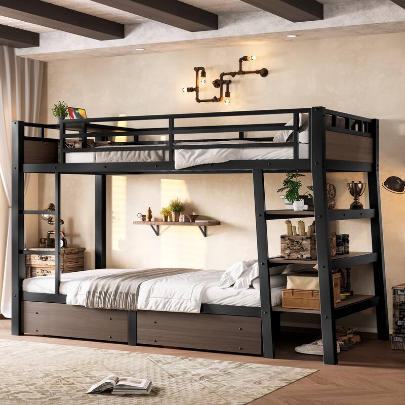 Full/Twin Metal Bunk Bed with Storage Shelves & USB Ports