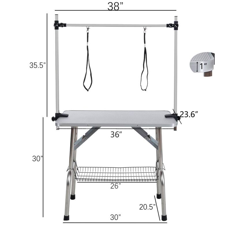 36" Folding Dog Pet Grooming Table Stainless Steel Frame Rubber Mat on Board with Adjustable Arm pet dog Cat Grooming Table