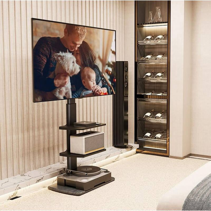 FITUEYES Sturdy Wood Base Floor TV Stand for 32-70 inch TVs with Two Shelves