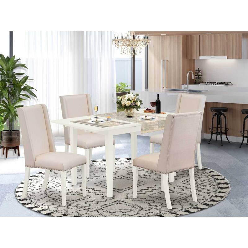 HomeStock 5-Pc Linen White Finish Solid Wood Top - Rectangular Upholstered Dining Room Set with Butterfly Leaf - Seats 4
