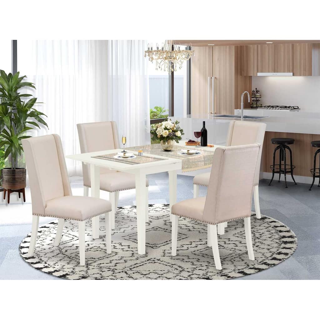HomeStock 5-Pc Linen White Finish Solid Wood Top - Rectangular Upholstered Dining Room Set with Butterfly Leaf - Seats 4