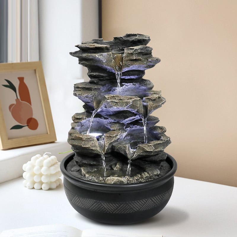 15.7in 4-Tier Cascading Rock Falls Tabletop Water Fountain w/LED Light - grey