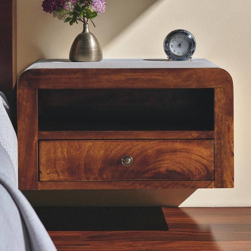 Chunky Chestnut Floating Bedside with Drawer and Open Shelf - Brown