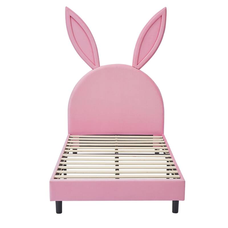 VECELO Wooden Cute Rabbit Twin Bed Frame with Upholstered Headboard, Kids Bed Frame