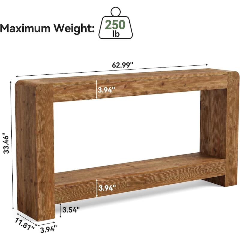 Solid Wood Console Table with Storage, 63-Inch Farmhouse Entryway Table - 62.99" L x 11.81" W x 33.46" H