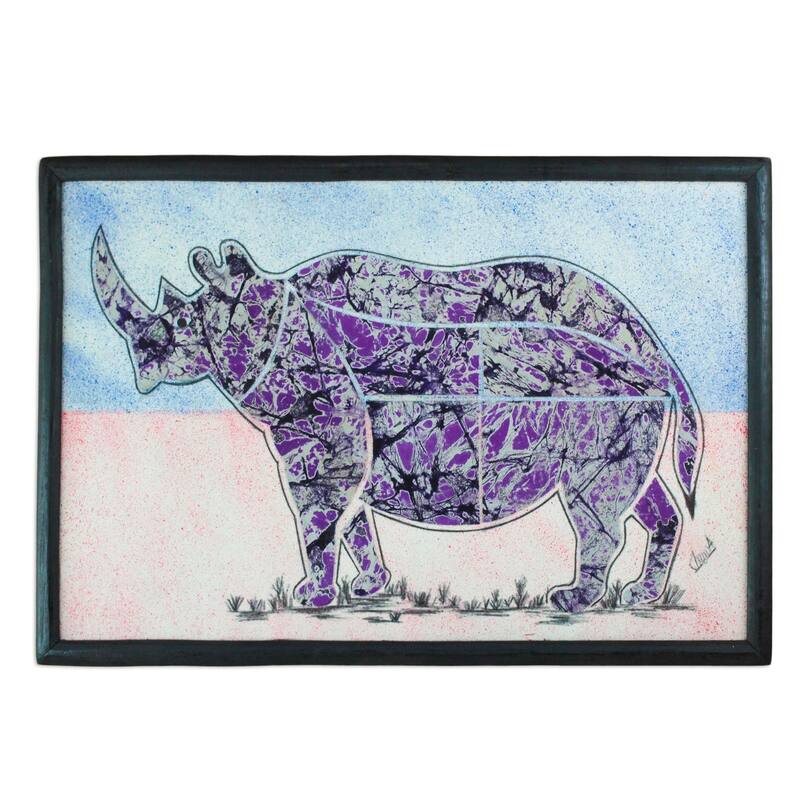 Novica Handmade Rhino At Dusk Cotton Batik Wall Art