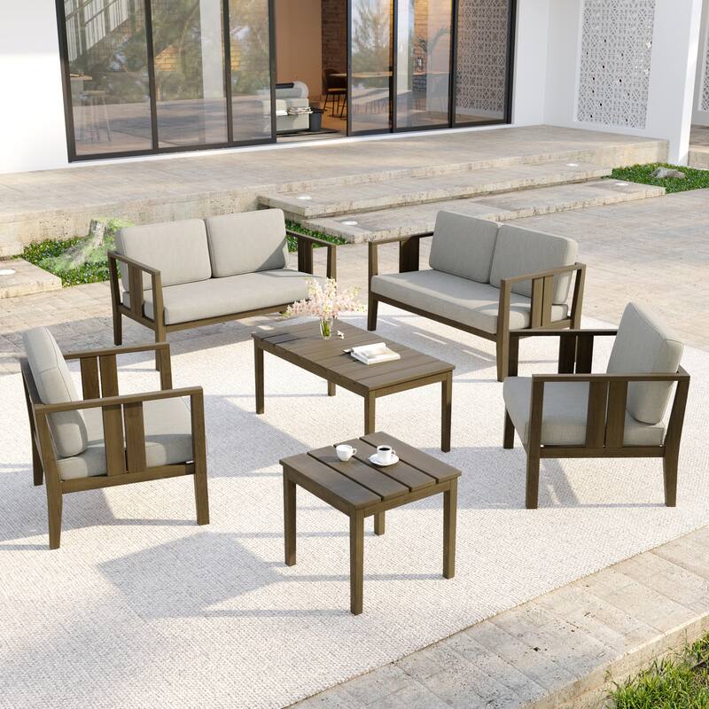 Casual 6-Piece Outdoor Patio Furniture Set In Solid Teak Wood - Natural Wood - Light Camel