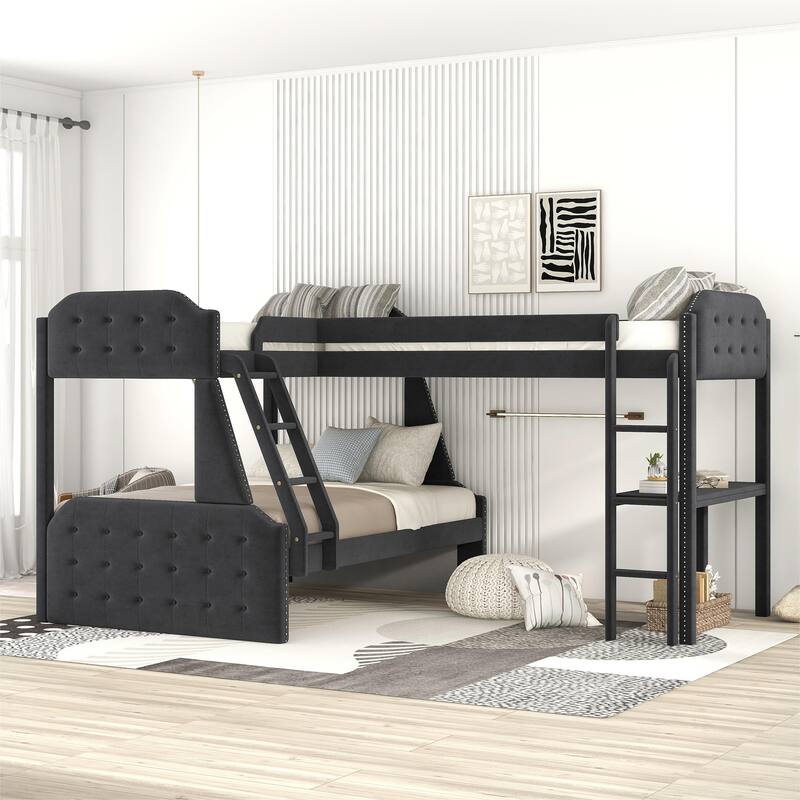 Twin over Full Velvet LShaped Bunk Bed, Equipped with A Desk and