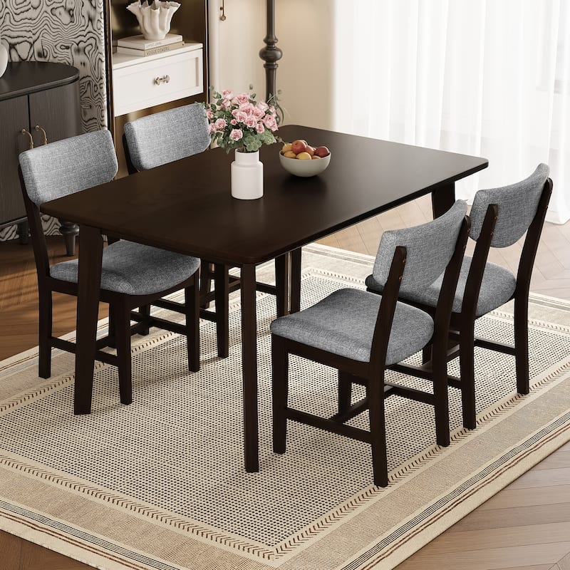 Rustic 5-Piece Farmhouse Dining Set - Solid Wood Table & 4 Upholstered Chairs for Kitchen, Dining Room - Espresso