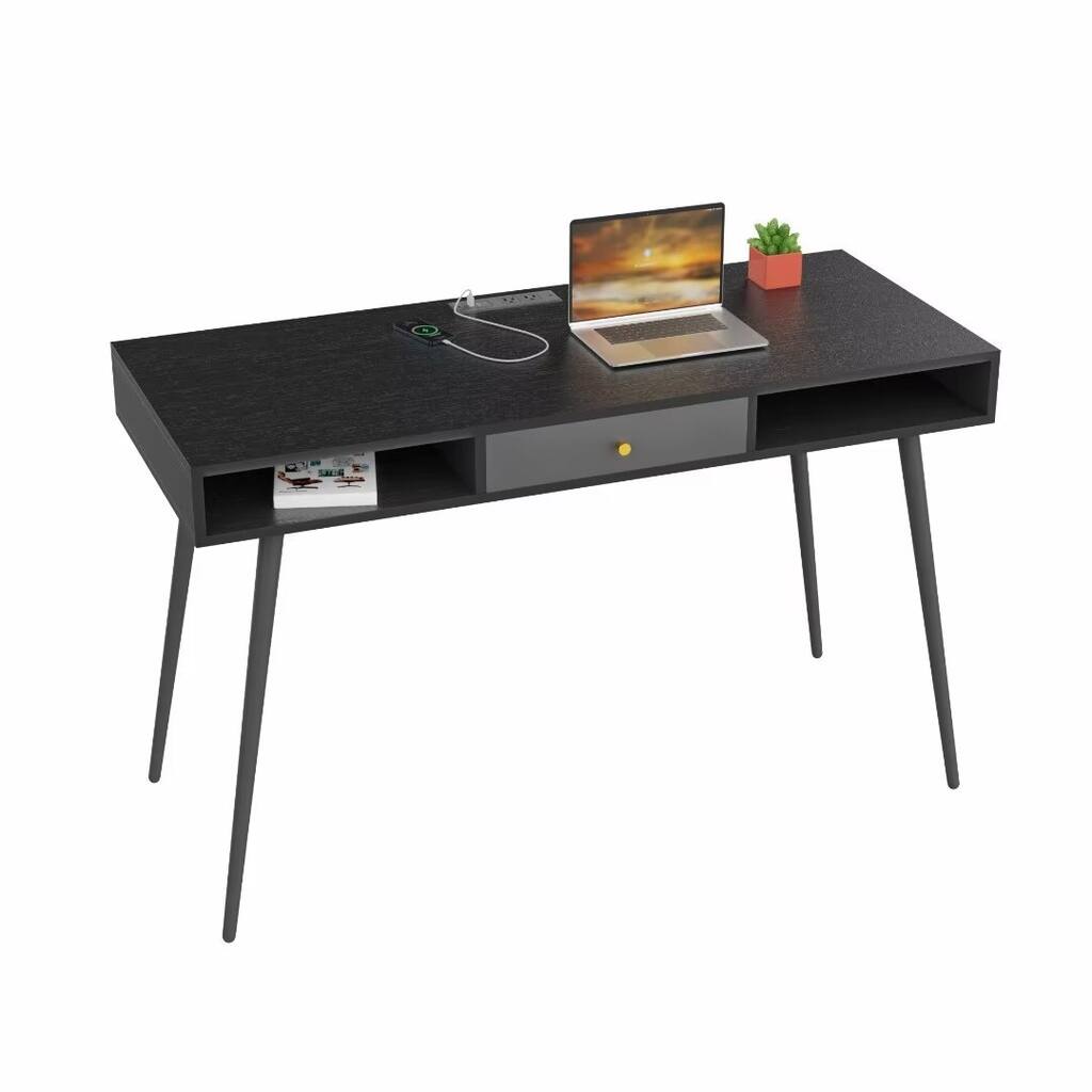 Modern Writing Study Desk with USB Ports and Power Outlet, Drawers