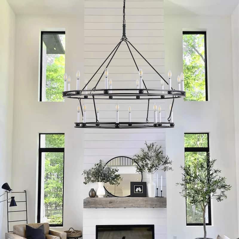 20-Lights Matte Black Wagon Wheel Chandelier - 43.3"D×4.7"W×160.6"H（Adjustable）