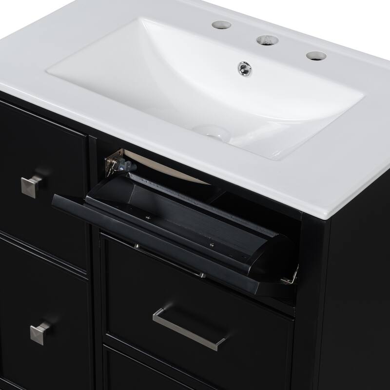 Freestanding Bathroom Vanity with Drop-In Rectangular Ceramic Sink, Flip-Out Drawer, Soft-Close Drawers and Solid Wood Legs
