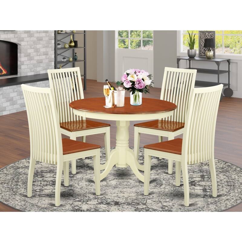 HomeStock 5-Piece Buttermilk and Cherry Finish Solid Wood Top Dining table with 4 Chairs with Lattice Back