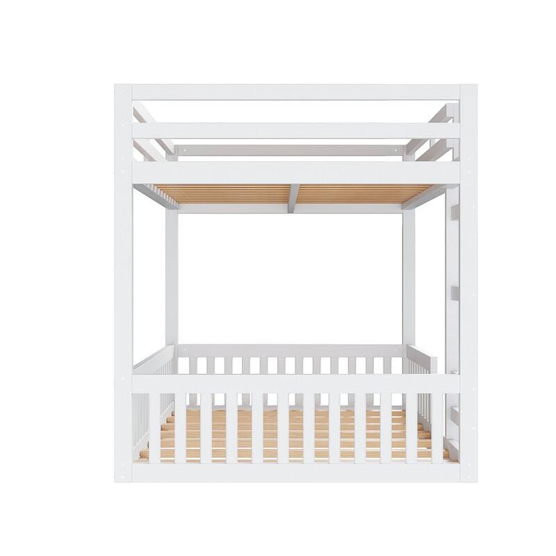Full over Full Size Floor Bunk Bed with Ladder and Guardrails, Solid Wood Bunk Bedframe with Wood Slats Support for Kids