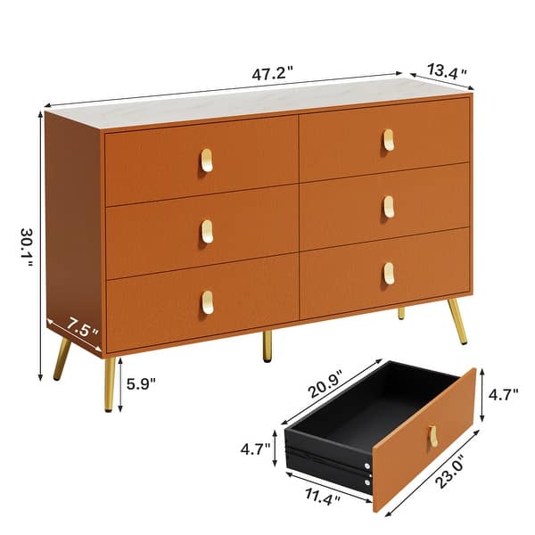 6 Drawer Dresser with Leather Pattern Drawers Faux Marble Top - Brown