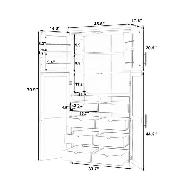 dimension image slide 0 of 2, Roomfitters 71 Inch Freestanding Kitchen Pantry with 8 Pull-Out Trays and Door Shelves, Shaker Cabinet