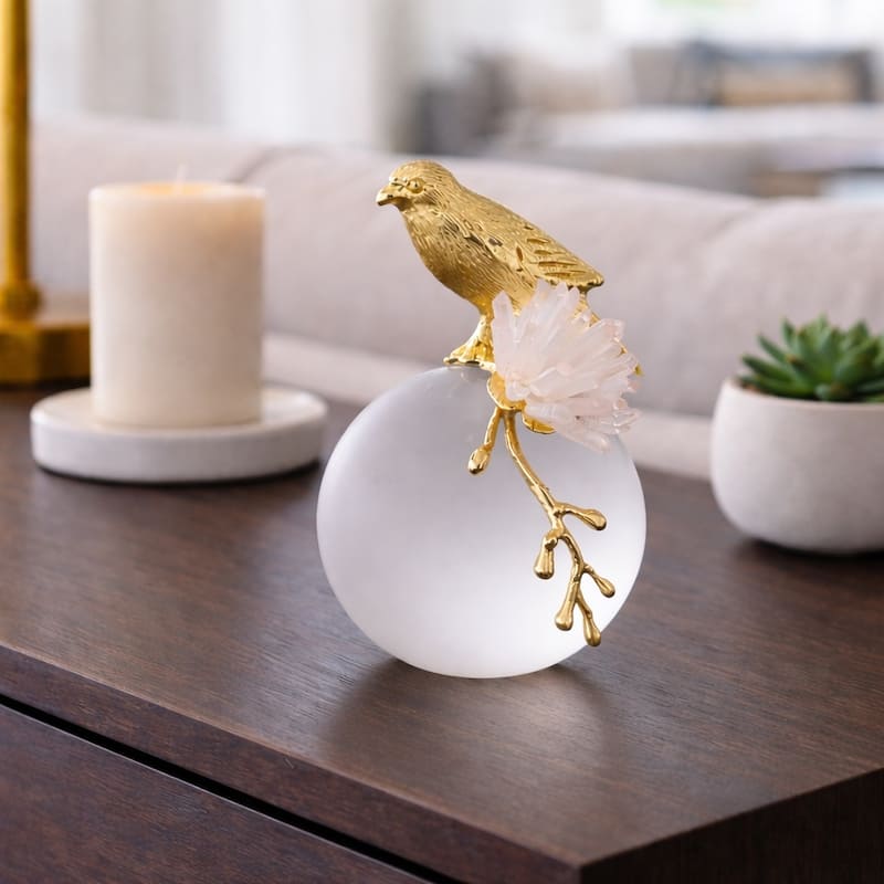 Metal Bird Statue with Crystal Sphere Base - 7", Gold & White - 7.0"