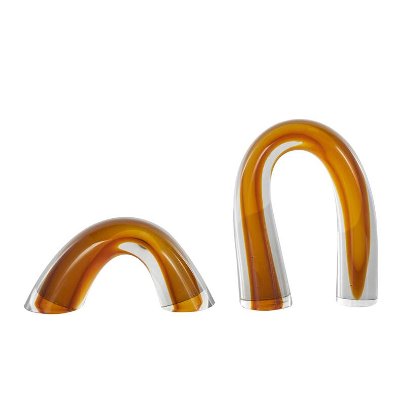 Orange Glass Arch Abstract Decorative Sculpture with Clear Accents (Set of 2)
