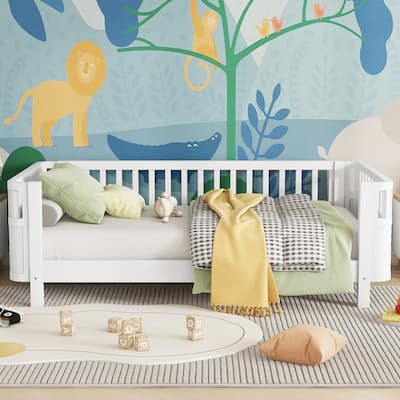 Living Room Kids Daybed with Safety Guardrail, Wood Low Profile Sofa Bed, Solid Pine Platform Sofa Bed Frame with Slat Support