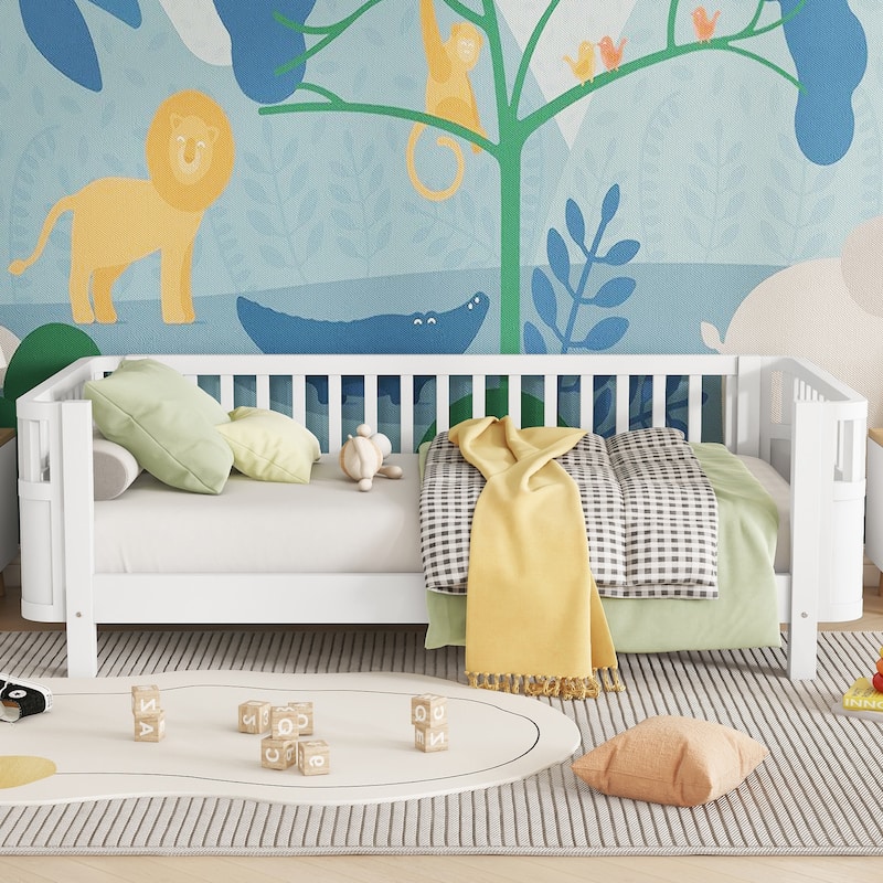 Twin Size Wood Platform Bed for Kids, Wood Low Profile Twin Bed with Rails for Girls and Boys, White (Patented Design)