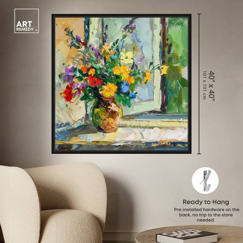 Art Remedy Vase By The Window Framed Impressionism 1 Piece Canvas Wall Art /Monet And Van Gogh Inspired Art