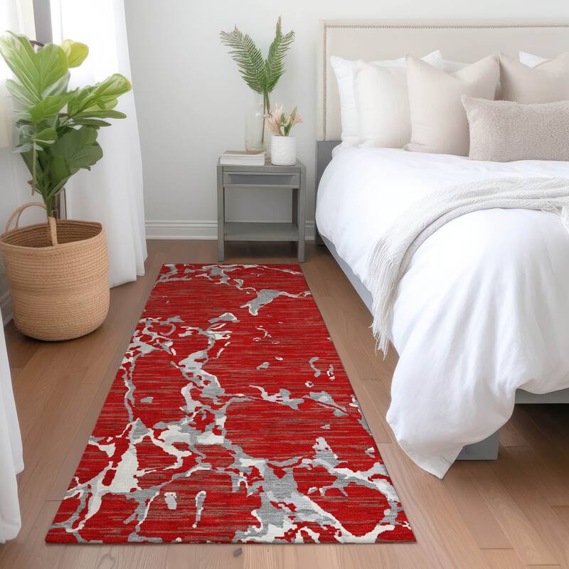 Machine Washable Indoor/ Outdoor Abstract Camo Chantille Rug - Red - 2'3" x 7'6"