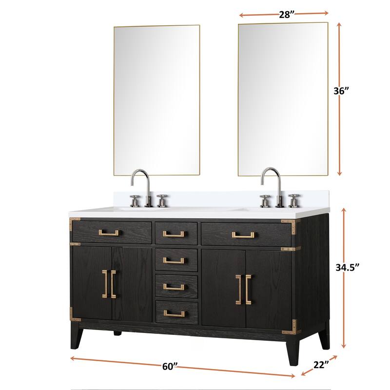 Laurel 60 in W x 22 in D Black Oak Double Bath Vanity, White Quartz Top, Faucet Set, and 28 in Mirrors