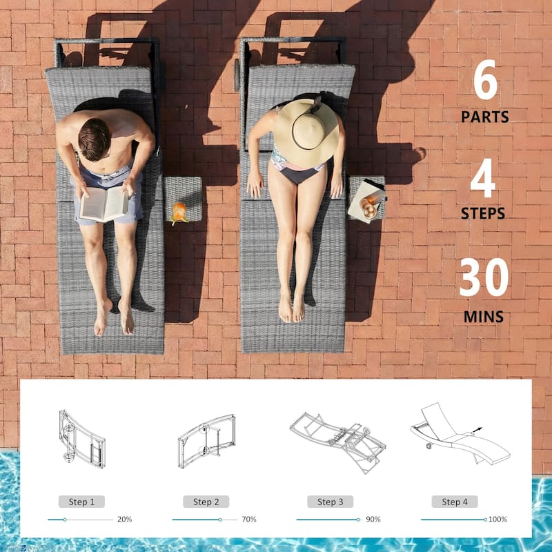 80"Patio Chaise Lounge Chairs Set of 2, Rattan Reclining Chair w/Rolling Wheels & Pull-out Side Table, Adjustable Backrest